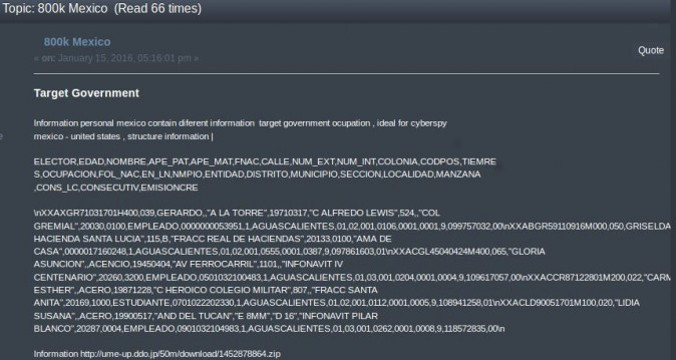 Post na forum cyberprzestępczym w darknecie oferuje dostęp do meksykańskich sieci rządowych. Zaznacza się w nim, że to dostęp „idealny dla cyberszpiegów” (zrzut ekranu udostępniony The Epoch Times przez poufne źródło)