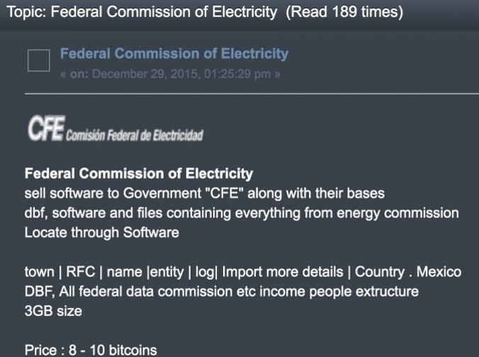Post na cyberprzestępczym forum w sieci darknet, w którym sprzedaje się dostęp do meksykańskiej Federalnej Komisji ds. Elektryczności (zrzut ekranu udostępniony The Epoch Times przez poufne źródło)