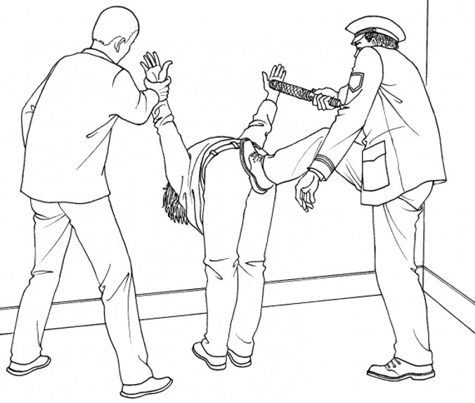  Zobrazowanie tortur, jakim poddawano Wanga Le. Te i podobne metody są używane przez chińską policję, by prześladować zatrzymanych praktykujących Falun Gong (Minghui)